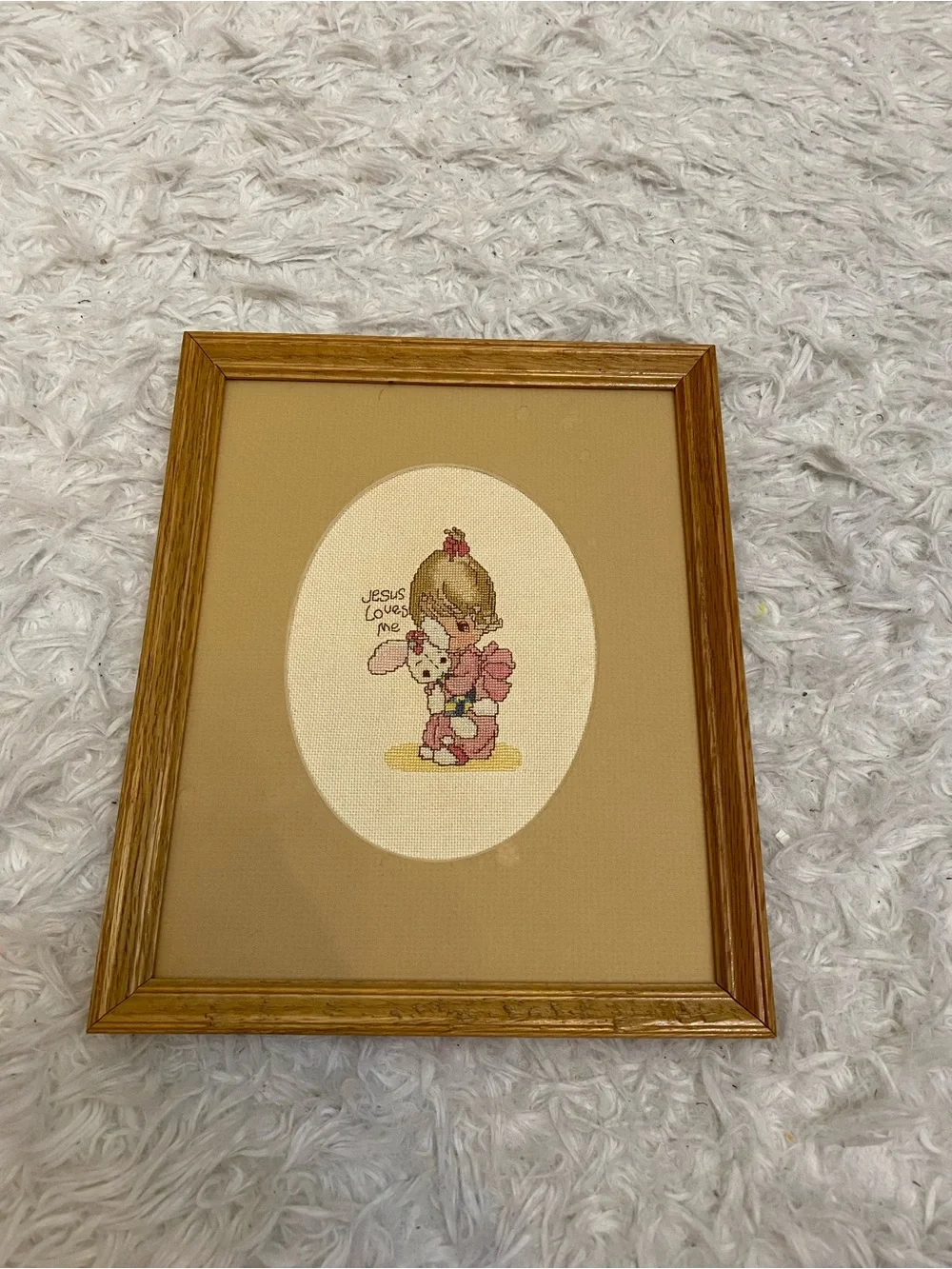 Vintage Precious Moments cross stitch framed picture 8x10 Jesus Loves Me
